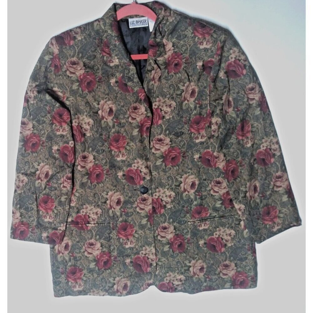 VTG Womens Floral Blazer Jacket Sz 18 poly-wool blend Liz Baker green burgundy